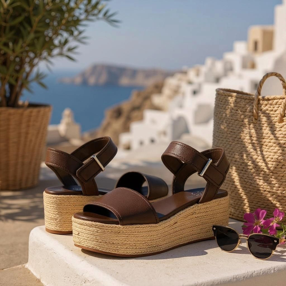 Franco Sarto Women BROWN OLIVE LEATHER Sandals Espadrille Wedge Platform 10 M